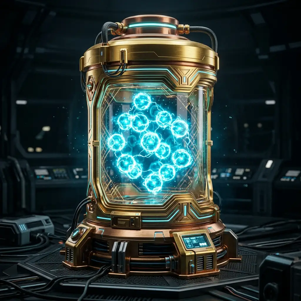 Glowing cyan energy orbs in a golden containment jar